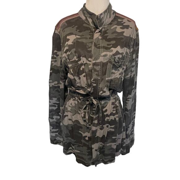 Knox Rose Drawstring Utility Jacket Womens Large Gray Camo Embroidered Shoulder - Picture 2 of 10